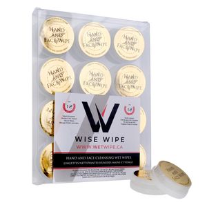 Pack of Wise Wipe hand and face wipes with visible branding on a white background