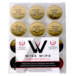 Pack of Wise Wipe hand and face wipes with visible branding on a white background