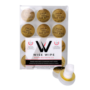 Packaging of Wise Wipe hand and face wipes with visible branding and product details.
