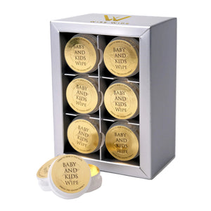 Set of baby and kids wipes in a silver box on a white background