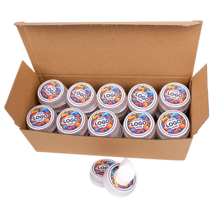 Box of containers with colorful logo labels on a white background