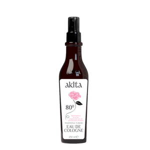 Bottle of akita cologne with a white label on a white background
