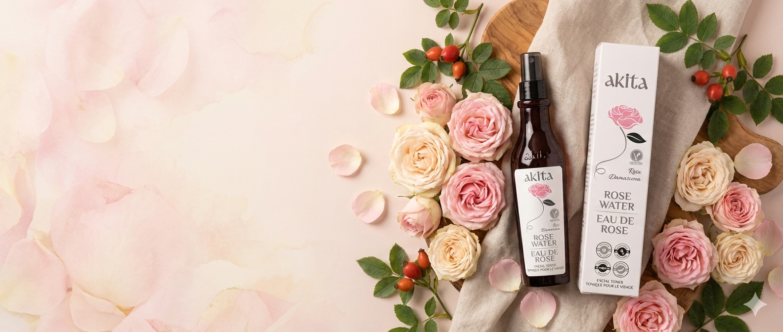 akita skincare products with roses and flowers on a soft pink background