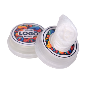 Two white containers with colorful labels on a white background