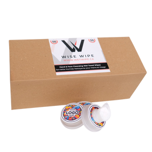 Box of Wise Wipe hand and face cleaning wipes with two containers in front on a white background