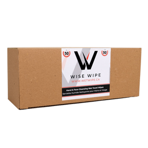 Box of Wise Wipe hand and face cleansing wet towel wipes on a white background