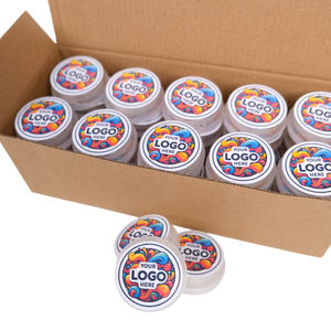 Multiple containers with colorful logo labels on a white background