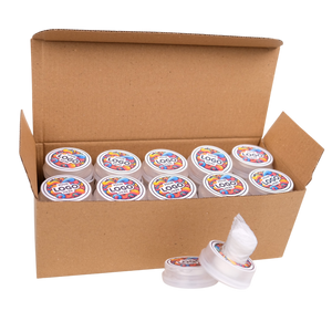 Box of tape rolls with colorful labels on a white background