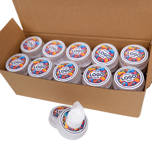Box of white containers with colorful logo labels on a white background