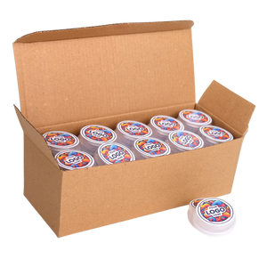 Box of branded containers with a visible logo on a white background