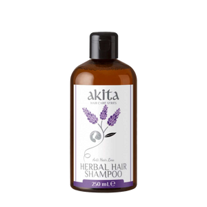 Bottle of Akita Herbal Hair Shampoo with lavender design on a white background