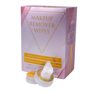 Makeup remover wipes packaging with a small container on a white background