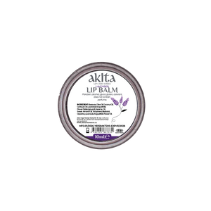Lip balm container with 'akita' branding on a white background
