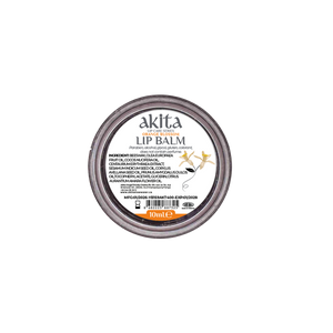 Lip balm container with 'akita' branding on a white background