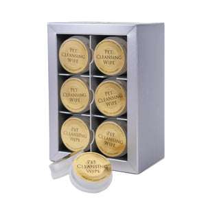 Set of pet cleansing wipes in a silver box on a white background