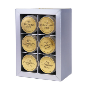 Set of six Pet Cleansing Wipes in a silver display box on a white background