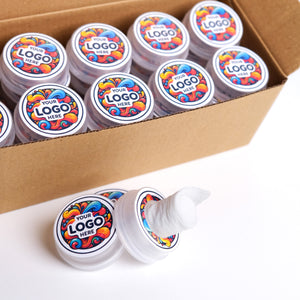 Box of white containers with colorful 'Your Logo Here' labels on a white background