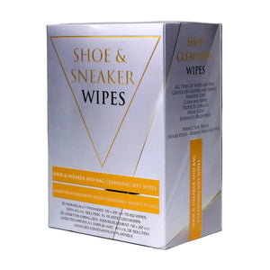 Box of shoe and sneaker wipes with gold and black text on a white background
