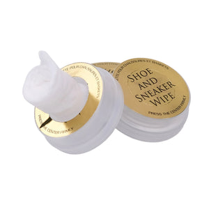 White shoe wipe with gold label on a white background
