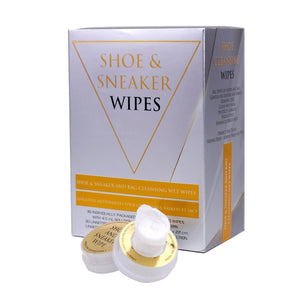 Box of Shoe & Sneaker Wipes with two wipes on a white background
