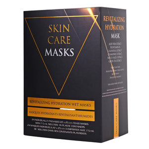 Box of skin care masks with gold and white text on a black background