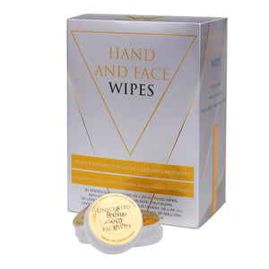 Box of hand and face wipes with a small container in front on a white background