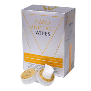 Box of Wise Wipe hand and face wipes with two open wipes on a white background