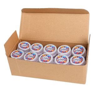 Box of containers with colorful labels on a white background