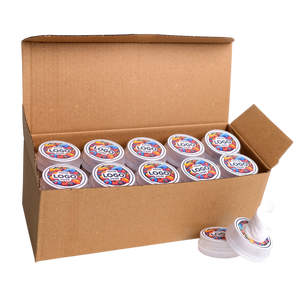 Box of labeled rolls of tape on a white background