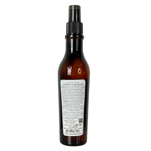 Brown spray bottle labeled 'Lemon Cologne' on a white background