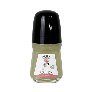 Roll-on bottle with black cap and white label on a white background