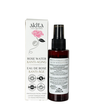 Akita rose water & anti-aging product with packaging on a white background