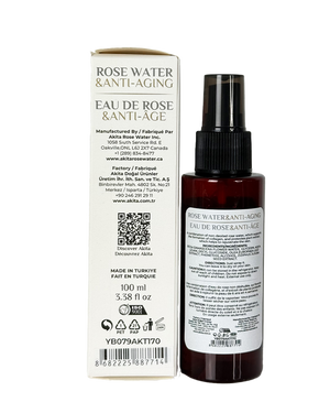Rose water and anti-aging product with packaging on a white background