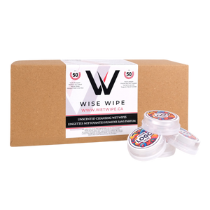 Box of Wise Wipe unscented cleansing wet wipes with a container on a white background