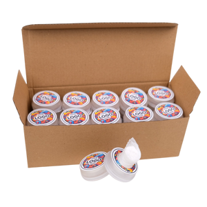 Box of white containers with colorful logos on a white background