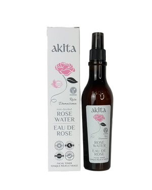 Akita Rose Water bottle and packaging on a white background