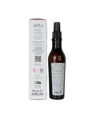Akita Rose Water bottle and packaging on a white background
