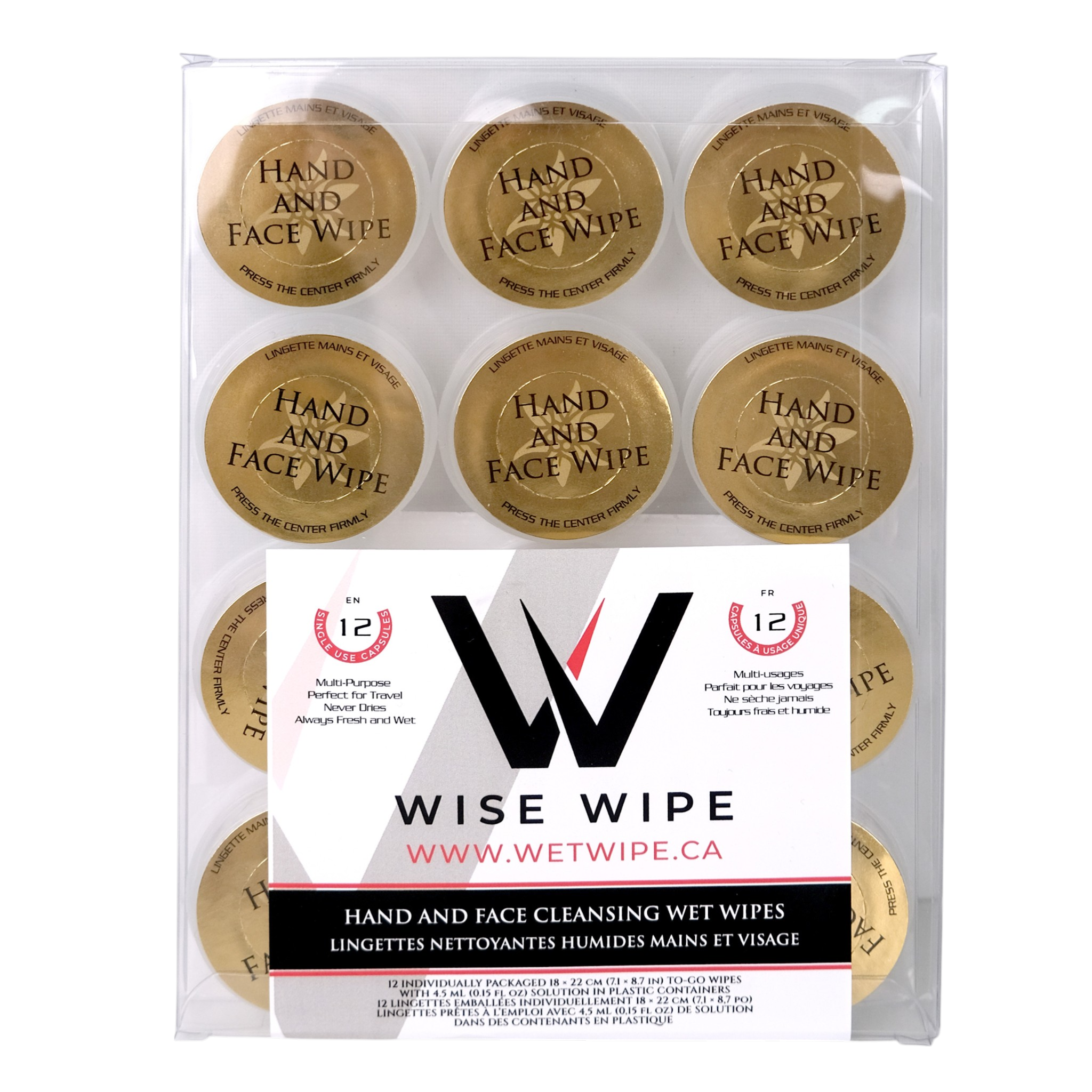 Pack of Wise Wipe hand and face cleansing wet wipes with gold packaging.