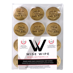 Pack of Wise Wipe hand and face cleansing wet wipes with gold packaging.