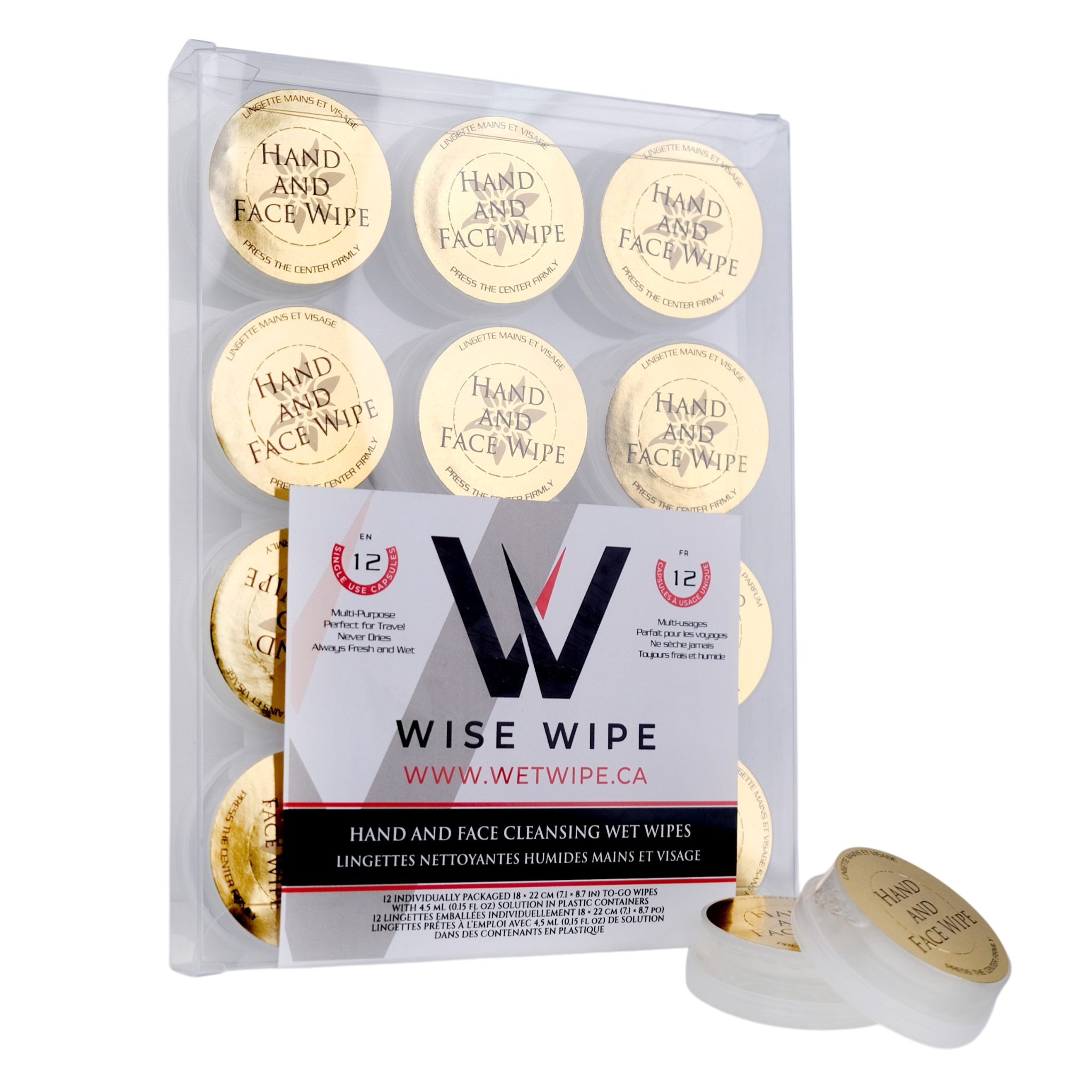 Pack of Wise Wipe hand and face wipes with visible branding on a white background