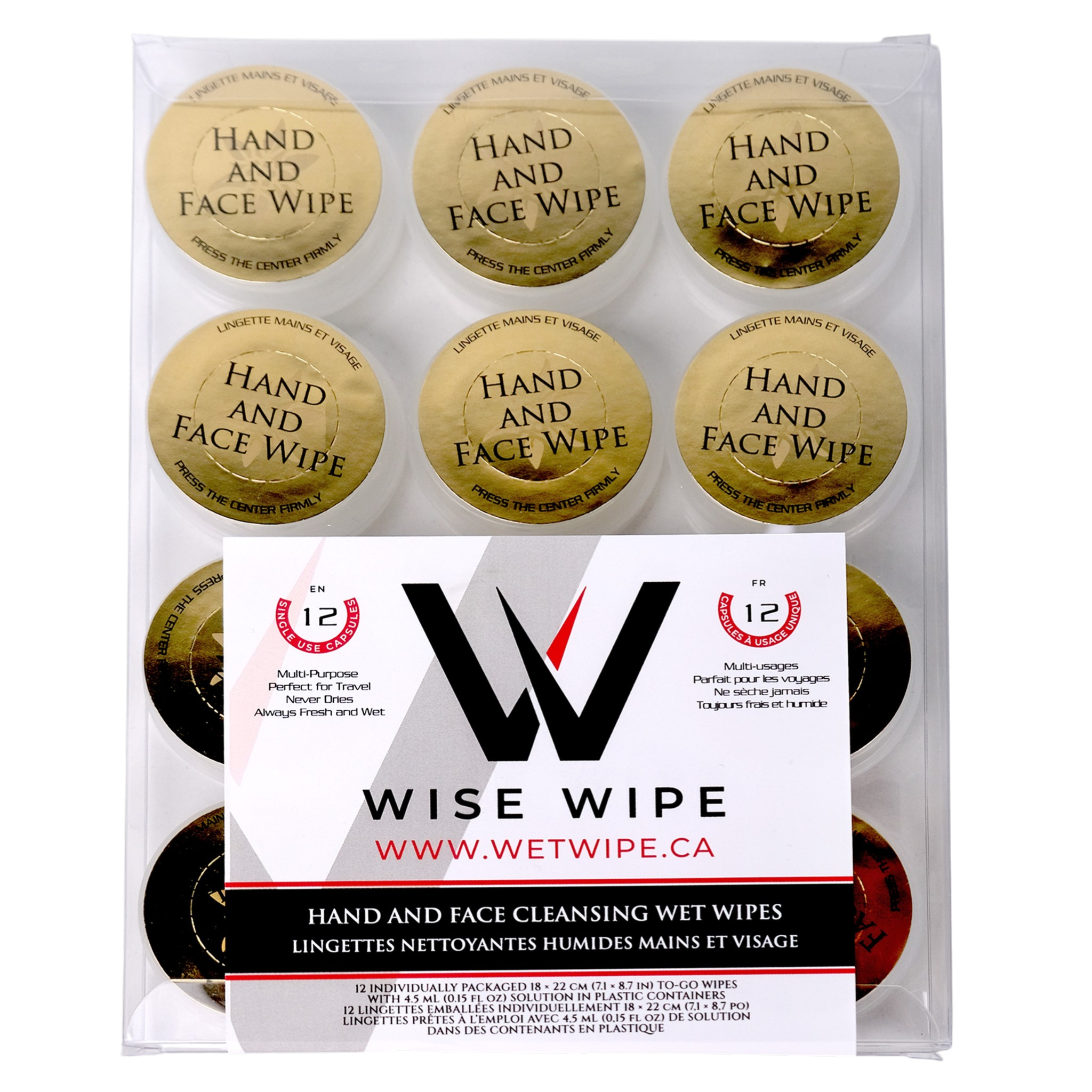 Pack of Wise Wipe hand and face wipes with visible branding on a white background