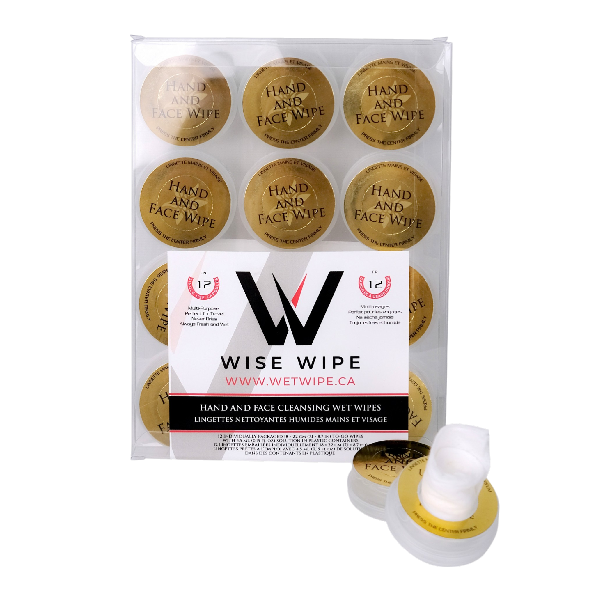 Packaging of Wise Wipe hand and face wipes with visible branding and product details.