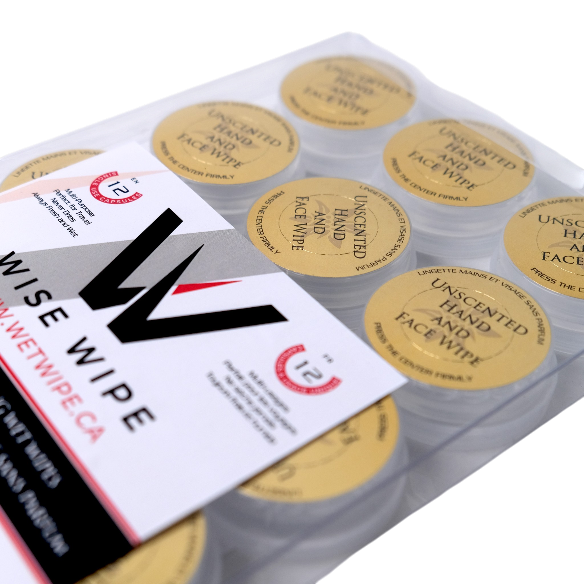 Pack of Wise Wipe unscented hand and face wipes with visible branding.