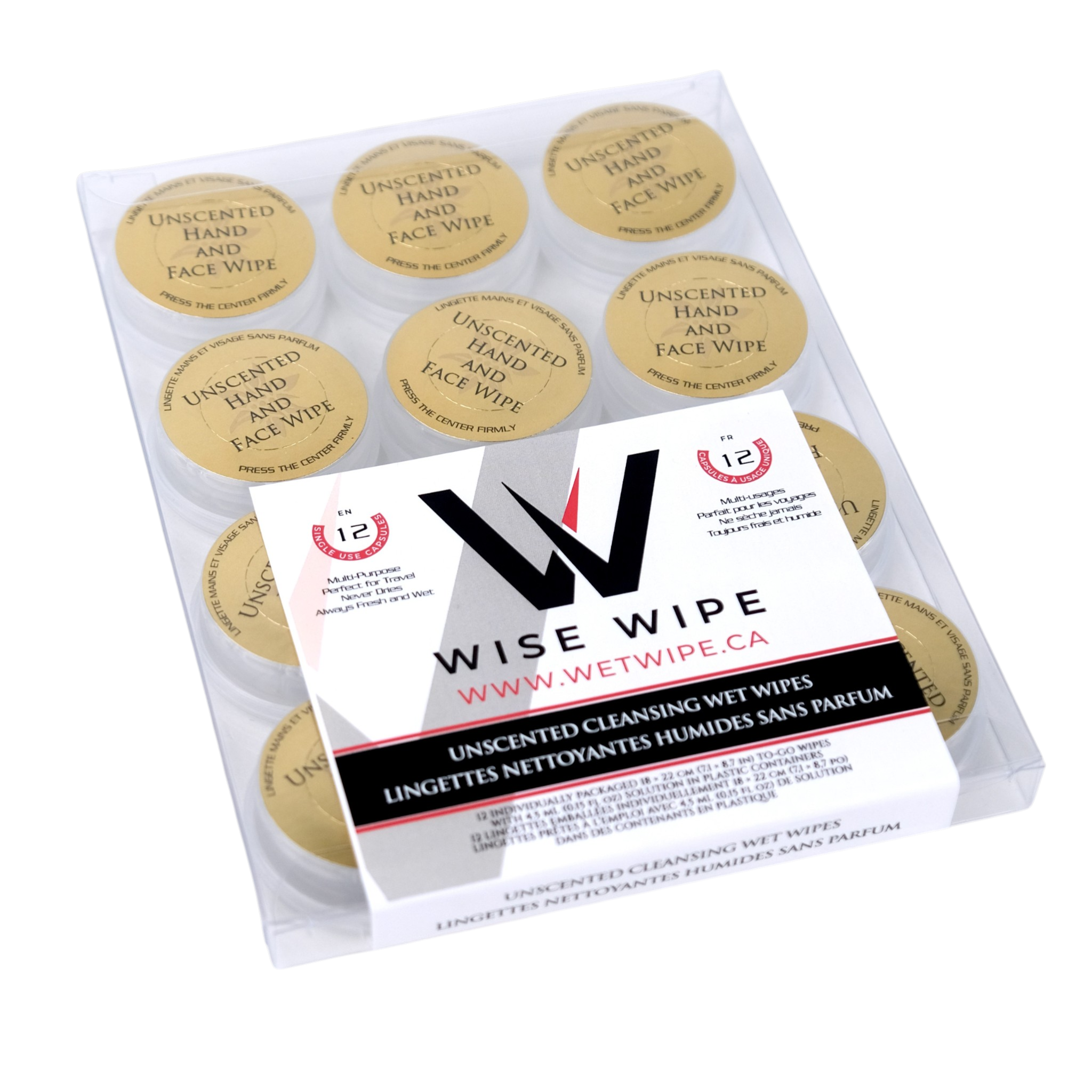 Pack of Wise Wipe unscented hand and face wipes with packaging on a white background