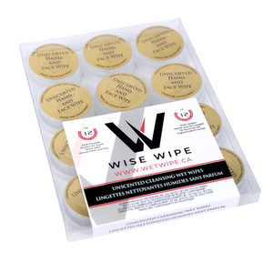 Pack of Wise Wipe unscented hand and face wipes with packaging on a white background