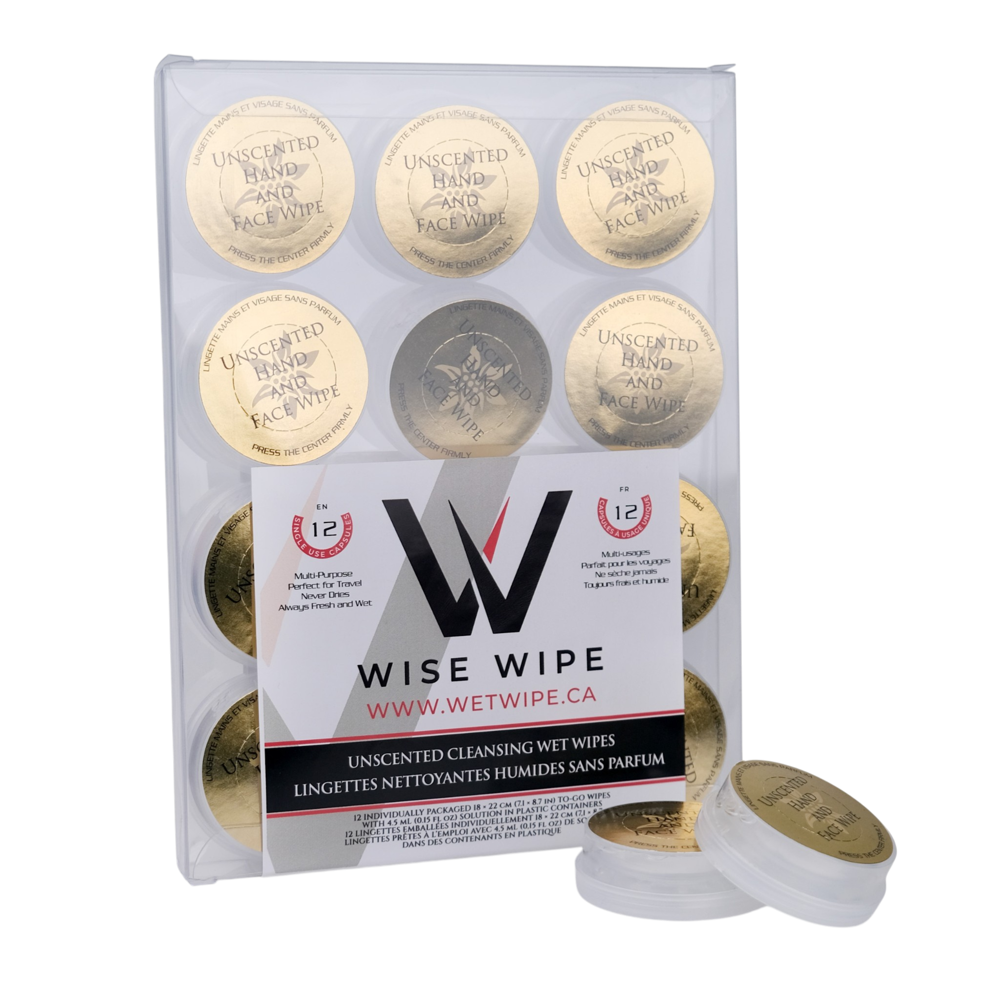 Packaging of Wise Wipe unscented cleaning wet wipes on a white background