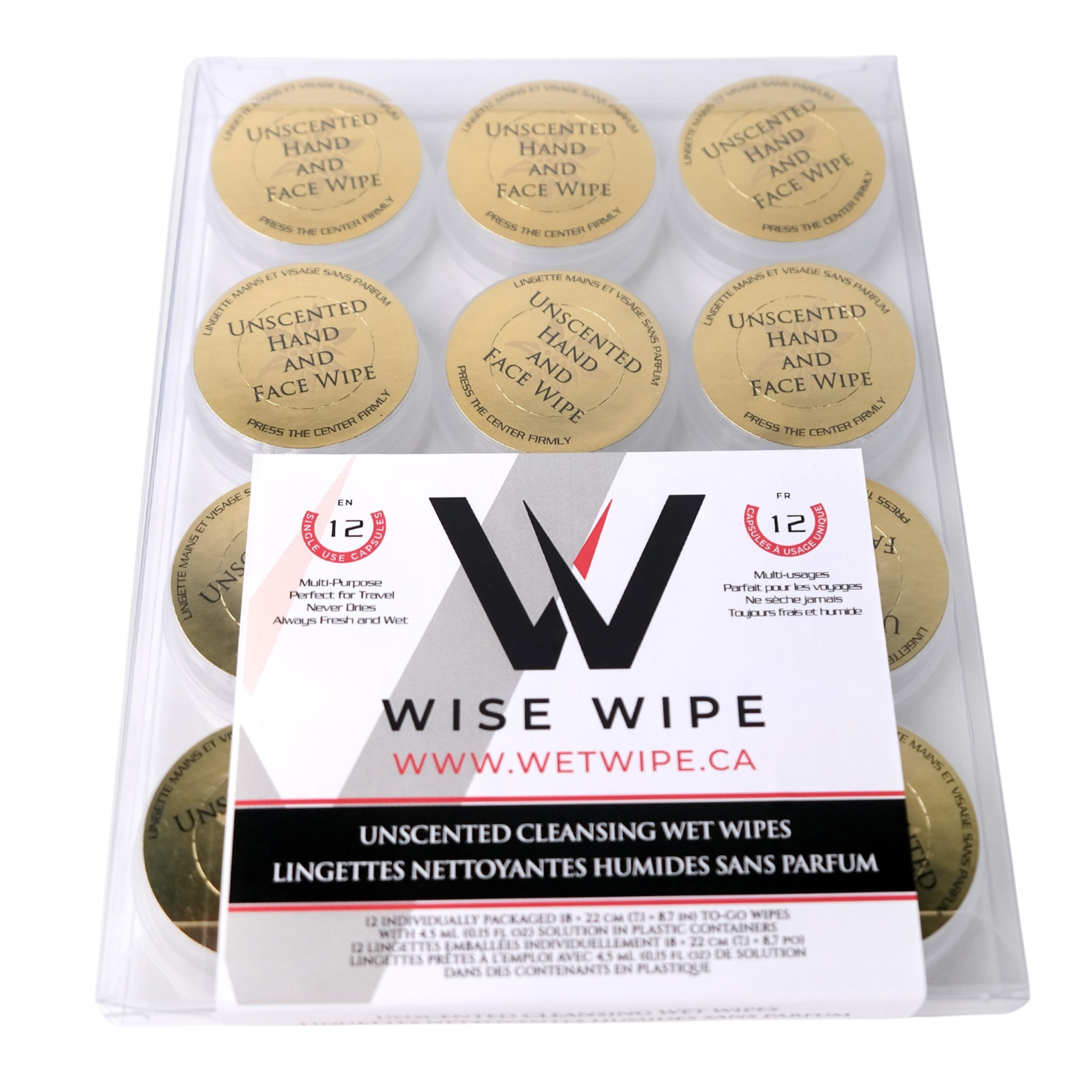 Pack of Wise Wipe unscented cleansing wet wipes with visible branding and packaging details.