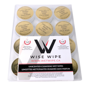 Pack of Wise Wipe unscented cleansing wet wipes with visible branding and packaging details.