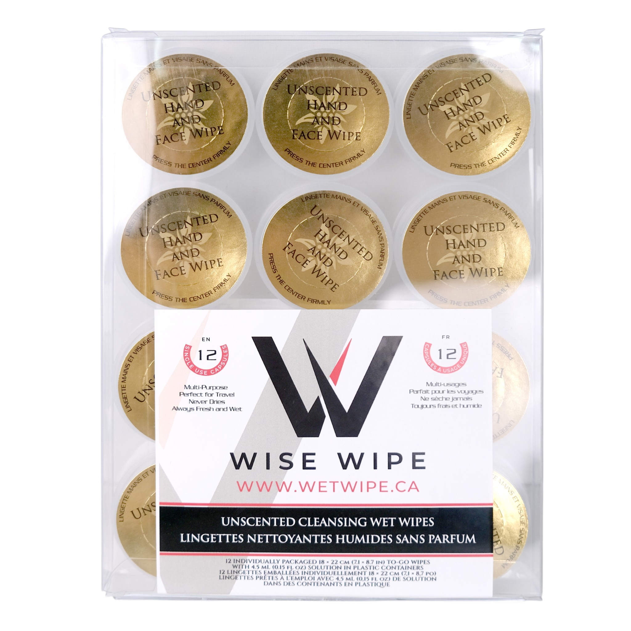 Pack of Wise Wipe unscented cleansing wet wipes with gold packaging.