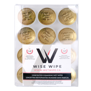Pack of Wise Wipe unscented cleansing wet wipes with gold packaging.